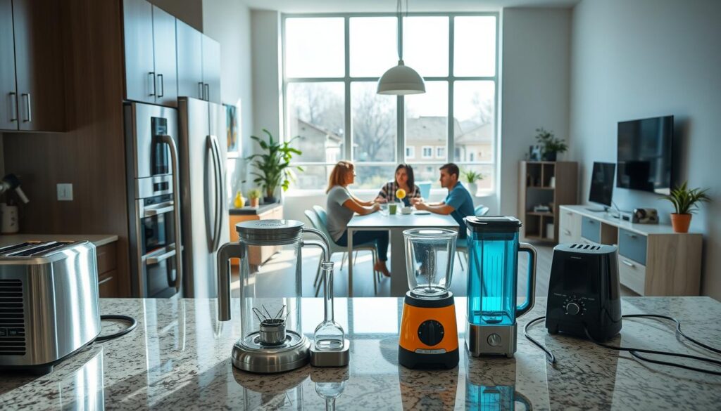A brightly lit modern kitchen with stainless steel appliances, gleaming granite countertops, and ample natural light streaming through large windows. In the foreground, a group of everyday household objects - a toaster, a blender, a coffee maker - arranged in a visually appealing composition, highlighting their electrical power requirements. In the middle ground, a family sitting around a dining table, engaged in a lively discussion, their expressions conveying the practical application of electrical power in their daily lives. The background features a sleek, minimalist living room with a large flat-screen TV, a computer desk, and various other electrically powered devices, all contributing to the overall sense of a technologically advanced, energy-efficient home environment.