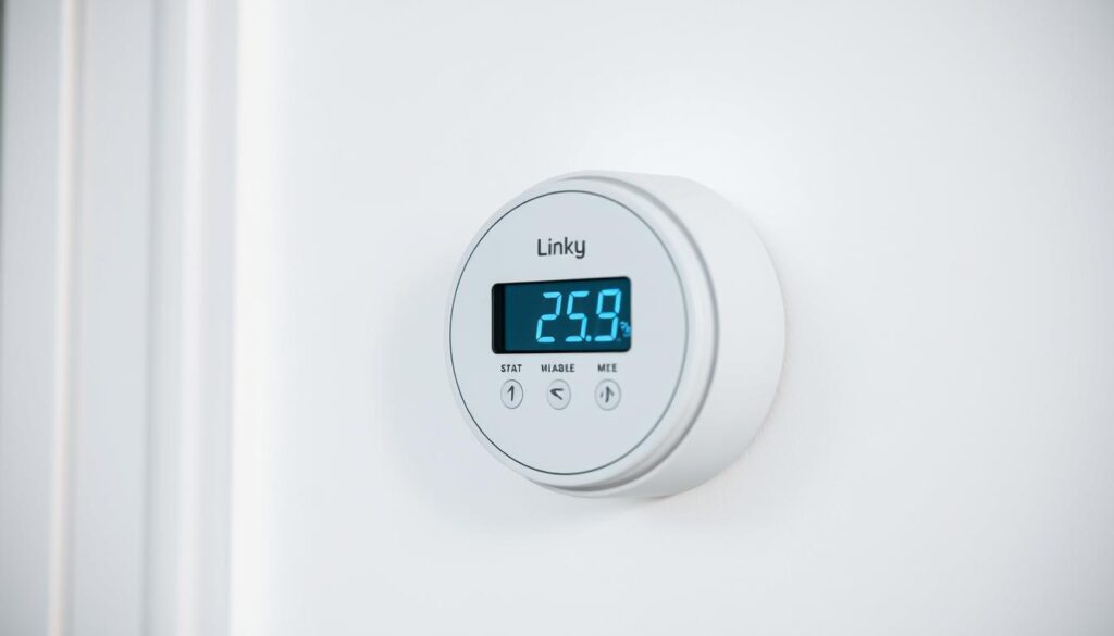 A close-up view of a digital electricity meter, the Linky smart meter, mounted on a white wall. The meter's display shows the current energy consumption reading in clear, high-contrast digits. The surrounding wall has a minimalist, modern aesthetic, with clean lines and a neutral color palette that complements the meter's sleek design. The lighting is soft and diffused, casting gentle shadows that accentuate the meter's form and create a sense of depth and dimensionality. The angle of the shot is slightly elevated, providing a clear and unobstructed view of the meter's interface, inviting the viewer to engage with the device and understand its function within the home's electrical system.