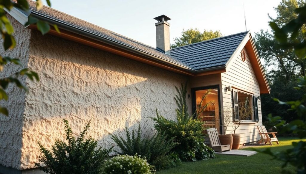 A cozy 150m2 house on a sunny day, with a warm, inviting atmosphere. The focus is on the exterior walls, showcasing various insulation techniques such as foam boards, blown-in cellulose, and rigid mineral wool panels. The camera angle highlights the textural details, capturing the seamless integration of the insulation materials into the home's facade. Soft, diffused lighting illuminates the scene, emphasizing the energy-efficient upgrades. The surrounding landscape features lush greenery, complementing the home's sustainable design. An overall sense of comfort and environmental consciousness permeates the image, reflecting the homeowner's efforts to optimize their home's energy performance.