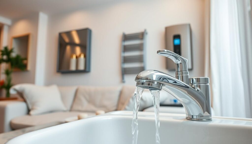 A cozy living room interior with a modern gas-powered central heating system and a hot water tank prominently featured. The heating unit is installed on the wall, its sleek metal casing reflecting the warm, indirect lighting. In the foreground, a polished chrome faucet and sink with running hot water, signifying the integrated hot water supply. The background features a neutral color palette, with soft textiles and minimalist decor, creating a calming, energy-efficient atmosphere. The scene is captured from a low, eye-level angle, emphasizing the importance of these major energy-consuming household appliances.