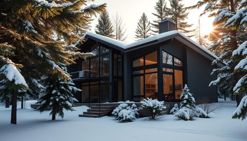 A cozy, well-insulated home nestled in a serene, snow-covered landscape. The exterior features a sleek, modern design with large windows that let in abundant natural light. Gentle shadows cast by the sun's rays create a warm, inviting ambiance. The home is surrounded by lush, evergreen trees, their branches laden with fresh snow, conveying a sense of tranquility and isolation. The scene is bathed in a soft, diffused glow, emphasizing the insulation's effective thermal regulation. This image captures the impact of efficient home insulation, showcasing how it can enhance energy savings and overall comfort.