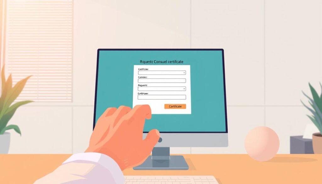 A crisp, high-resolution illustration of a person accessing an online platform to request an electrical Consuel certificate. The foreground depicts a hand navigating a sleek, minimalist web interface with clear instructions and input fields. The middle ground showcases a desktop computer monitor displaying the digital form, bathed in warm, soft lighting. The background subtly hints at a professional office environment, with clean lines, neutral tones, and a sense of organized efficiency. The overall atmosphere conveys a streamlined, user-friendly experience for obtaining the necessary Consuel documentation.