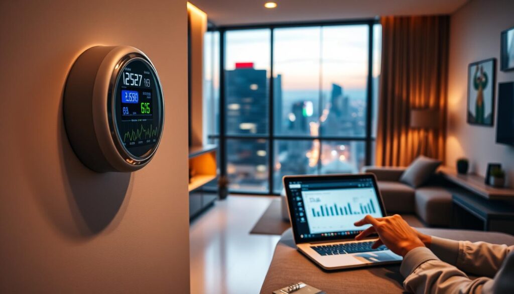 A modern apartment interior with a sleek, minimalist design. In the foreground, a wall-mounted digital electricity meter display shows energy usage data and charts. The middle ground features a laptop or tablet displaying optimization software, with a person's hands interacting with the device. The background shows a large window overlooking a vibrant cityscape, with a warm, natural lighting illuminating the scene. The overall atmosphere conveys efficiency, technology, and a sense of control over energy consumption.