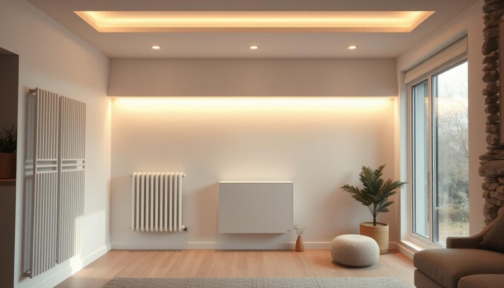 A modern, sleek and efficient heating solution in a cozy, contemporary interior. A central heating unit takes center stage, flanked by minimalist wall-mounted radiators. Warm, diffused lighting from recessed ceiling fixtures casts a gentle glow, creating a comfortable ambiance. The room features clean lines, neutral tones, and natural materials like wood and stone, reflecting a minimalist, Scandinavian-inspired design aesthetic. A large window provides ample natural light, seamlessly blending the indoor and outdoor spaces. The overall scene conveys a sense of warmth, efficiency, and refined style - an ideal modern heating setup to replace an outdated space heater.