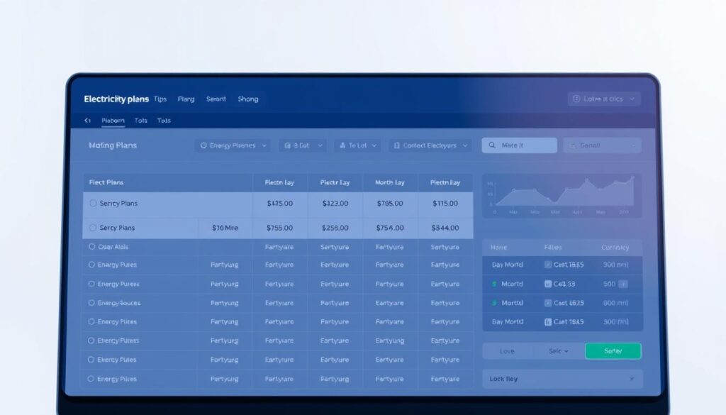 A modern, sleek web interface displaying a side-by-side comparison of electricity plans and pricing. In the foreground, a clean, minimalist design showcases a grid of plans with clear pricing, energy sources, and monthly costs. The middle ground features customizable filters and sorting options, allowing the user to easily navigate and find the best deal. In the background, a subtle graph or chart visualizes electricity consumption patterns and price trends, providing valuable context. The overall mood is one of efficiency, clarity, and user-friendliness, reflecting the need to make an informed decision about an essential utility.