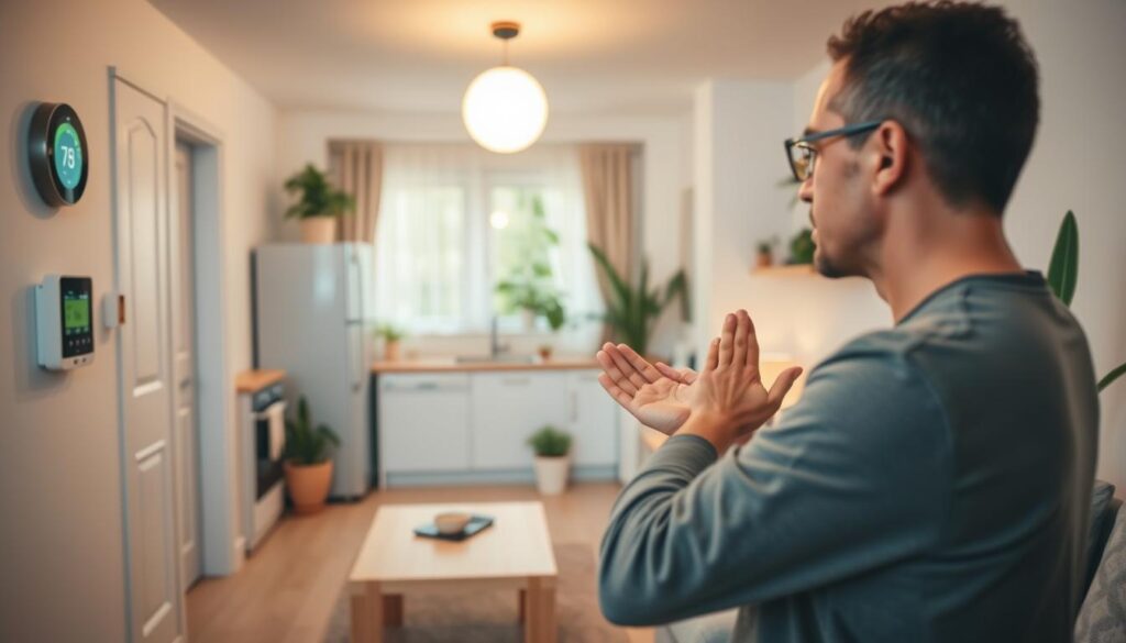 A neatly organized home interior with a focus on energy-saving practices. In the foreground, an individual performs various eco-friendly gestures, such as adjusting a smart thermostat, turning off lights, and unplugging unused electronics. The middle ground showcases energy-efficient appliances, LED lighting, and insulation materials. The background features natural elements like potted plants and natural light, conveying a sense of environmental consciousness. The lighting is warm and inviting, with a soft, diffused quality. The overall atmosphere is one of calm, mindfulness, and a harmonious integration of sustainable living within a modern, well-designed living space.