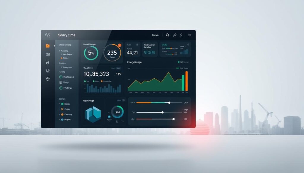A sleek and modern energy consumption dashboard set against a minimalist, high-tech background. In the foreground, a central display shows detailed real-time energy usage metrics, presented in a clean, data-driven layout. The middle ground features interactive controls and sliders, allowing the user to adjust parameters and simulate different energy consumption scenarios. The background depicts a muted urban cityscape, with skyscrapers and industrial infrastructure subtly visible, emphasizing the broader context of energy usage. The overall scene conveys a sense of precision, efficiency, and data-driven decision making, reflecting the theme of calculating and estimating energy consumption for practical application.