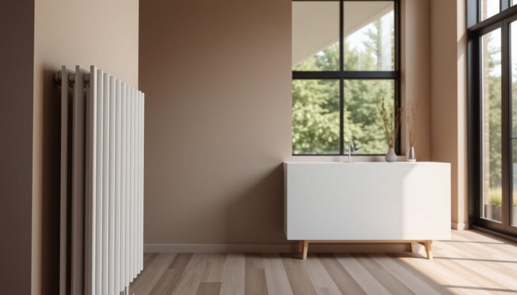 A sleek, modern home interior with a focus on an optimized electric heating system. In the foreground, a high-efficiency electric radiator or heat pump is prominently featured, its clean lines and minimalist design complementing the minimalist, well-lit space. The middle ground showcases a digital thermostat and smart home controls, illustrating the intelligent automation and energy management capabilities. The background features large windows, allowing natural light to flood the room and highlighting the home's energy-efficient design. Warm, muted tones create a cozy, comfortable atmosphere, conveying the idea of an optimized, cost-effective electric heating solution for the modern home.