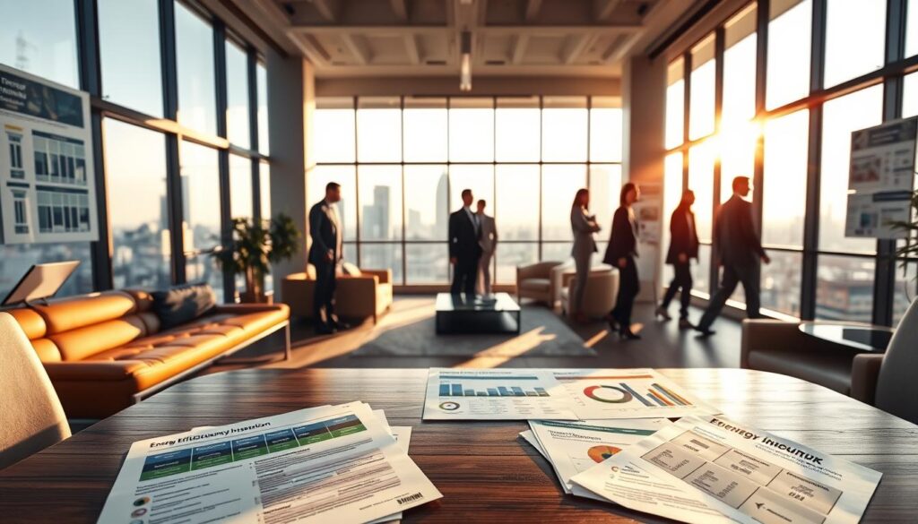 A sun-drenched office interior with sleek, modern furniture and large windows overlooking a bustling cityscape. In the foreground, a wooden desk displays various financial documents and paperwork related to energy efficiency incentives and government aid programs. On the walls, informative infographics and charts illustrate the benefits and process of undertaking an energy transition. The lighting is warm and inviting, creating a sense of professionalism and productivity. In the background, the silhouettes of people can be seen moving through the space, emphasizing the collaborative nature of this endeavor. The overall mood is one of optimism, progress, and a commitment to a sustainable future.