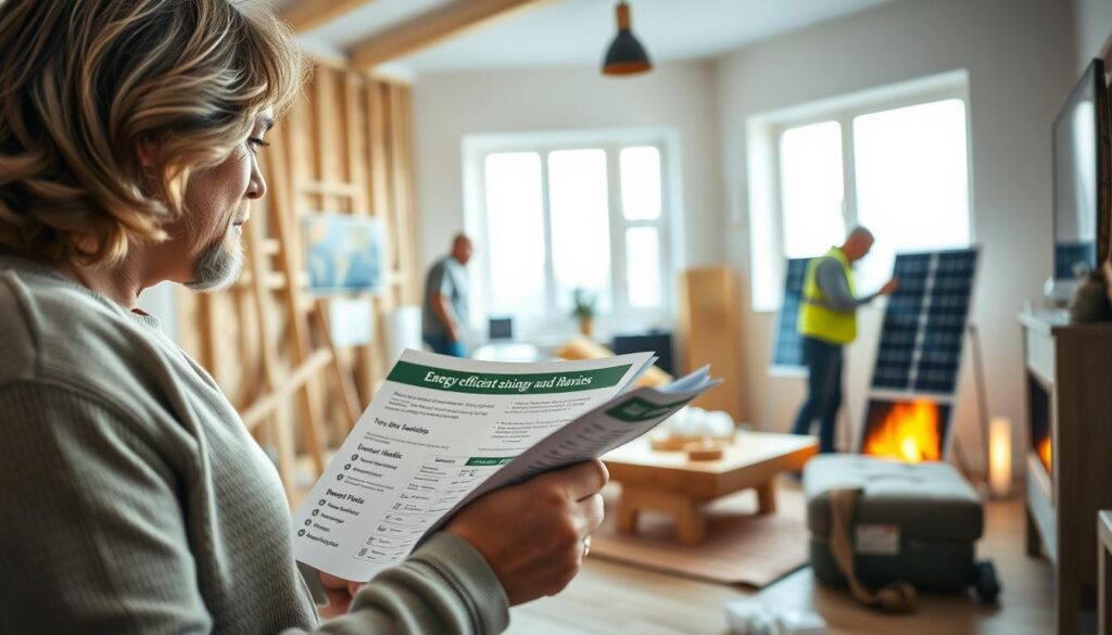 A well-lit and detailed interior scene depicting a modern, energy-efficient home renovation. In the foreground, a homeowner examines paperwork and brochures outlining available energy-saving grants and subsidies. In the middle ground, construction workers install insulation, windows, and solar panels. The background showcases a cozy, warm living space with a high-efficiency heating system. The overall atmosphere conveys a sense of progress, optimization, and financial empowerment for homeowners pursuing eco-friendly home upgrades.