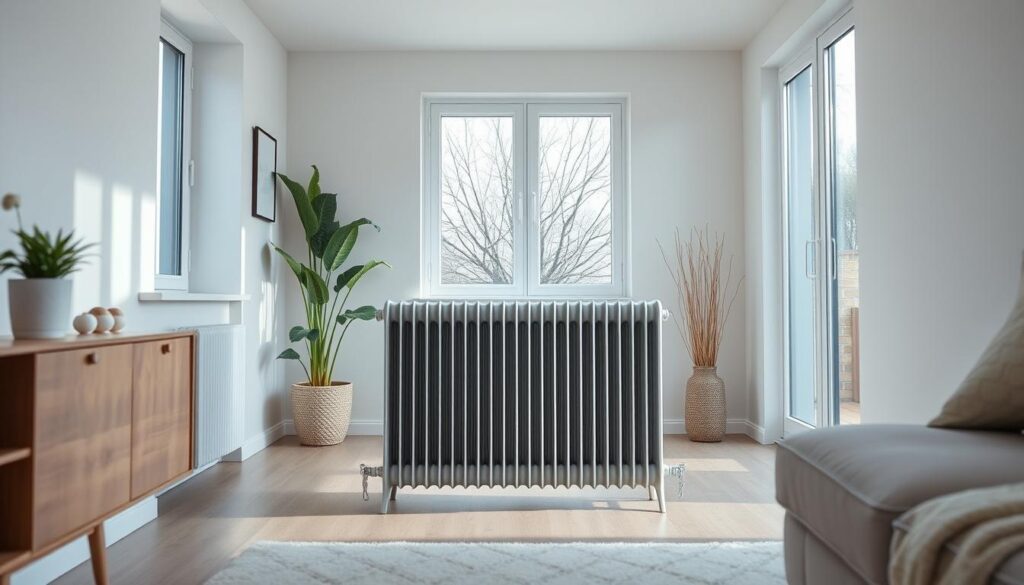 A well-lit, modern home interior with a central focus on an electric radiator. The radiator is prominently displayed, showcasing its sleek design and efficient heating capabilities. The room has a neutral color palette, with natural light streaming in through large windows, creating a warm and inviting atmosphere. The composition emphasizes the radiator's placement, allowing it to be the main subject while integrating harmoniously with the surrounding decor. The image conveys a sense of comfort, efficiency, and optimization, reflecting the article's focus on economical electric heating solutions.