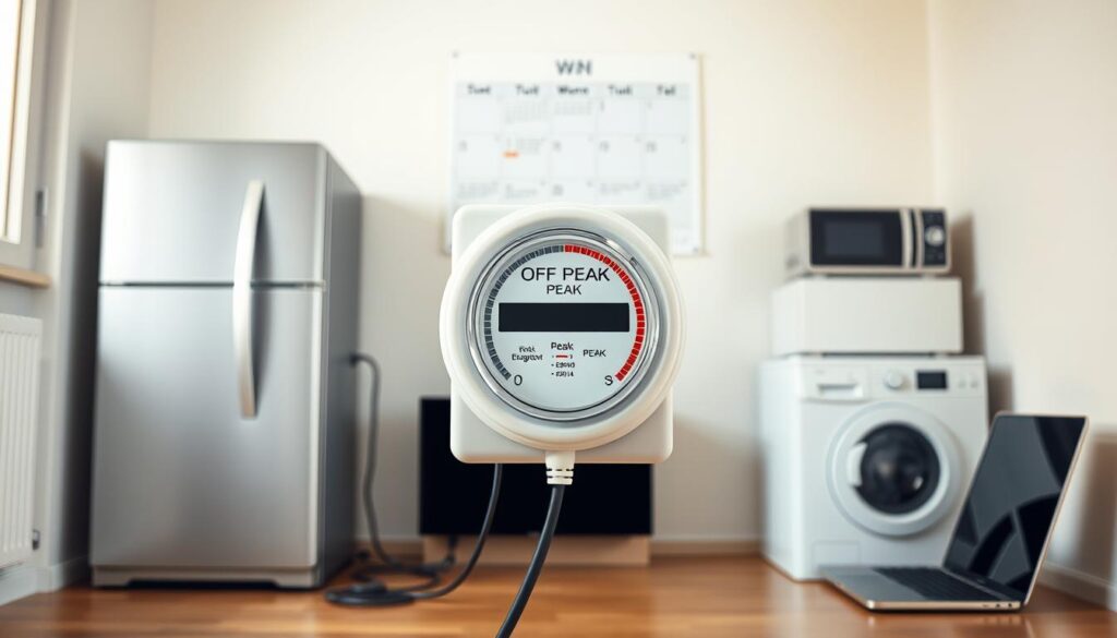 A well-lit room with a prominent electricity meter displaying "Off-peak" and "Peak" time indicators. The meter is the focal point, surrounded by a neat arrangement of household appliances - a refrigerator, a washing machine, and a laptop, all connected to the meter via electrical cords. The background features a calendar showing the days of the week, subtly suggesting the concept of "off-peak" and "peak" hours. The overall scene conveys a sense of optimization and cost-saving, with a clean, minimalist aesthetic that aligns with the article's subject matter.