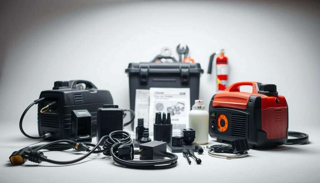 A well-lit studio shot of an assortment of essential accessories for a household electric generator. In the foreground, a power cord, adapters, and a fuel canister are neatly arranged. In the middle ground, a toolbox and a fire extinguisher stand ready. In the background, a maintenance manual and a set of wrenches are visible, suggesting the technical nature of the equipment. The lighting is soft and diffused, creating a clean, professional atmosphere. The camera angle is slightly elevated, giving a comprehensive view of the setup. The overall mood is one of preparedness and functionality, suitable for illustrating the "Accessoires indispensables pour votre générateur" section of the article.