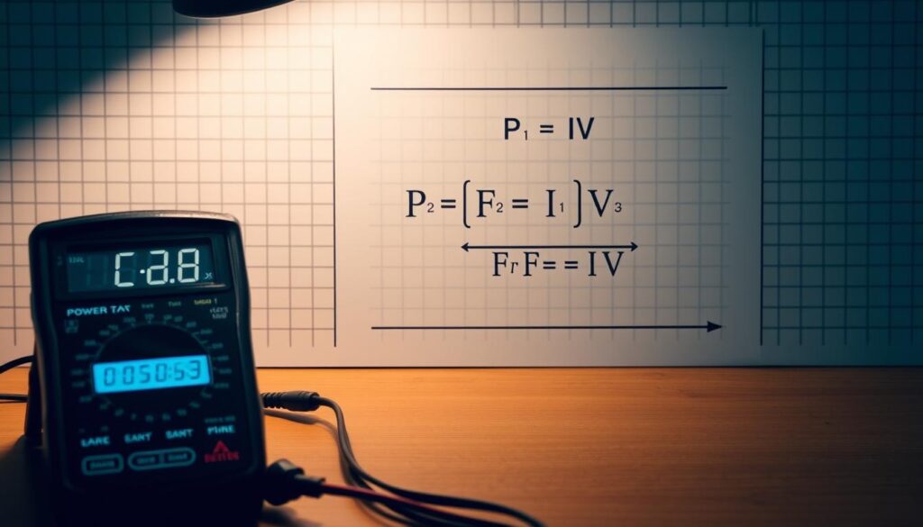 A well-lit, technical diagram showcasing the calculation of electrical power. In the foreground, a digital multimeter displays power measurements, its sleek black casing contrasting with the warm, wooden tabletop. In the middle ground, a schematic diagram outlines the formula for electrical power, P = IV, the variables clearly labeled. The background features a subtle grid pattern, suggesting precise engineering and technical precision. The scene is illuminated by a soft, directional light source, casting subtle shadows and highlighting the key elements. The overall mood is one of informative clarity, inviting the viewer to understand the fundamentals of electrical power calculation.