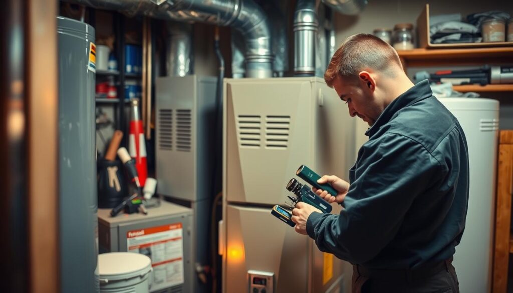 A well-maintained home heating system, with a technician inspecting and servicing a modern gas furnace. The scene is set in a cozy, well-lit basement, with the furnace prominently displayed against a backdrop of neatly organized tools and supplies. The technician, dressed in a professional uniform, is carefully examining the unit, using a variety of specialized tools and instruments. The lighting is warm and inviting, casting a gentle glow on the scene, conveying a sense of expertise and care. The overall atmosphere is one of diligence and attention to detail, reflecting the importance of proper maintenance for efficient and cost-effective home heating.