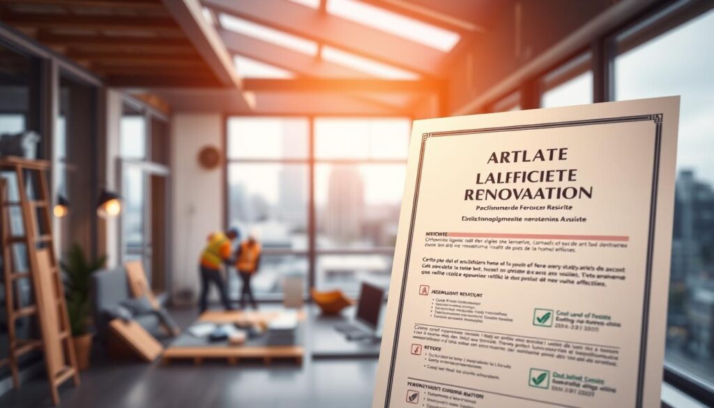 Attestation obligatoire rénovation: a photorealistic image depicting a mandatory home renovation certificate or document. The document is prominently displayed in the foreground, with a warm, soft lighting illuminating its crisp, official-looking design. In the middle ground, a modern, energy-efficient home renovation project is in progress, with workers and tools visible. The background features a cityscape, showcasing the urban environment where such renovations are often required. The overall mood conveys a sense of responsibility and compliance, with the certificate serving as a symbol of the legal and environmental obligations associated with home renovations.
