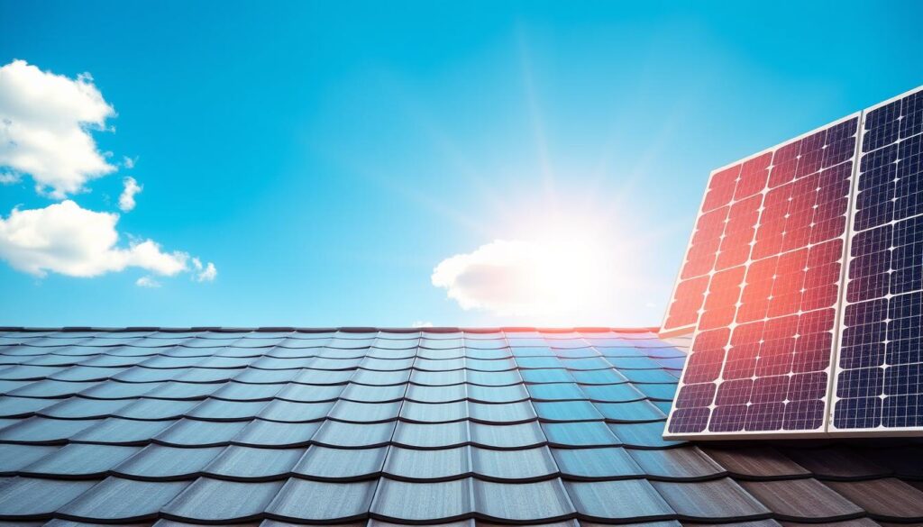 A clear and informative comparison image showcasing solar tiles and photovoltaic panels. In the foreground, display two distinct sections: one featuring sleek, modern solar tiles with a glossy surface design, and the other displaying traditional photovoltaic panels arranged in a dynamic angle for visual contrast. The middle ground should show a sunlit rooftop half covered with solar tiles and half with panels, representing their integration in a contemporary setting. In the background, a bright blue sky with a few fluffy clouds enhances the atmosphere of innovation and sustainability. Use natural lighting to highlight the textures of the materials, and create a balanced composition to evoke a sense of clarity and professionalism.