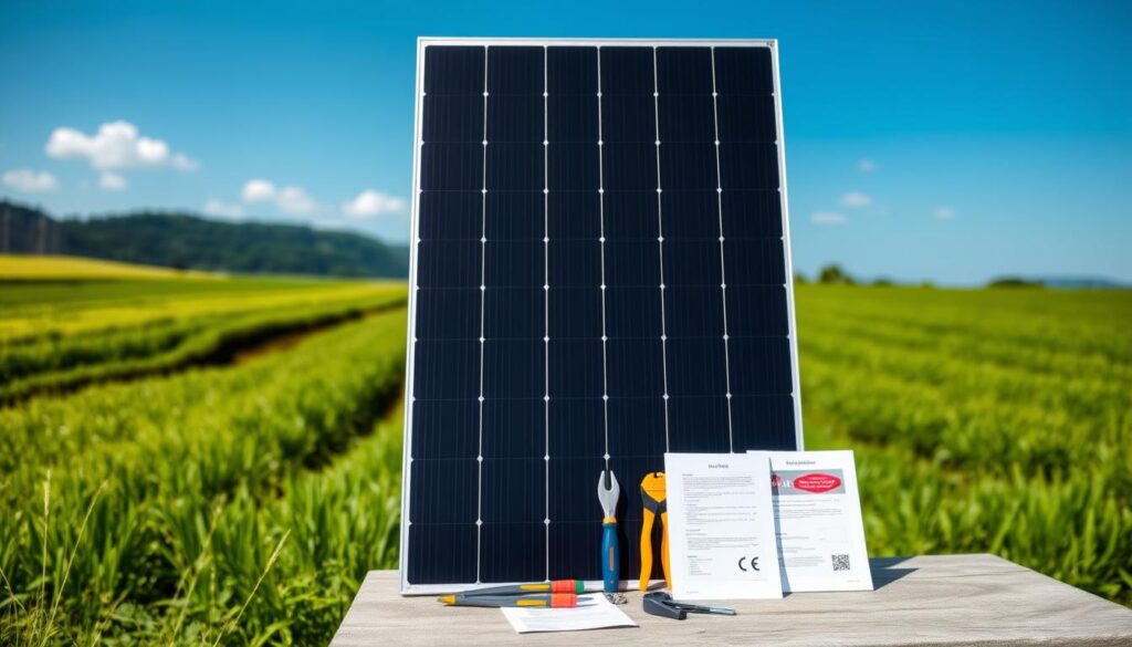 A close-up view of a Dualsun Flash Half-Cut Black 500W solar panel, prominently displayed in the foreground, showcasing its sleek and modern design with a dark glass surface reflecting soft sunlight. The background features a sustainable landscape with green grass and a clear blue sky, suggesting eco-friendliness. The middle ground includes a neatly arranged set of tools and documents representing quality assurance, emphasizing the theme of durability and product guarantees. The scene is well-lit, capturing the panel's details and textures with a slight lens vignette effect for focus. The overall mood is professional and reassuring, conveying reliability and modern technology in renewable energy solutions.