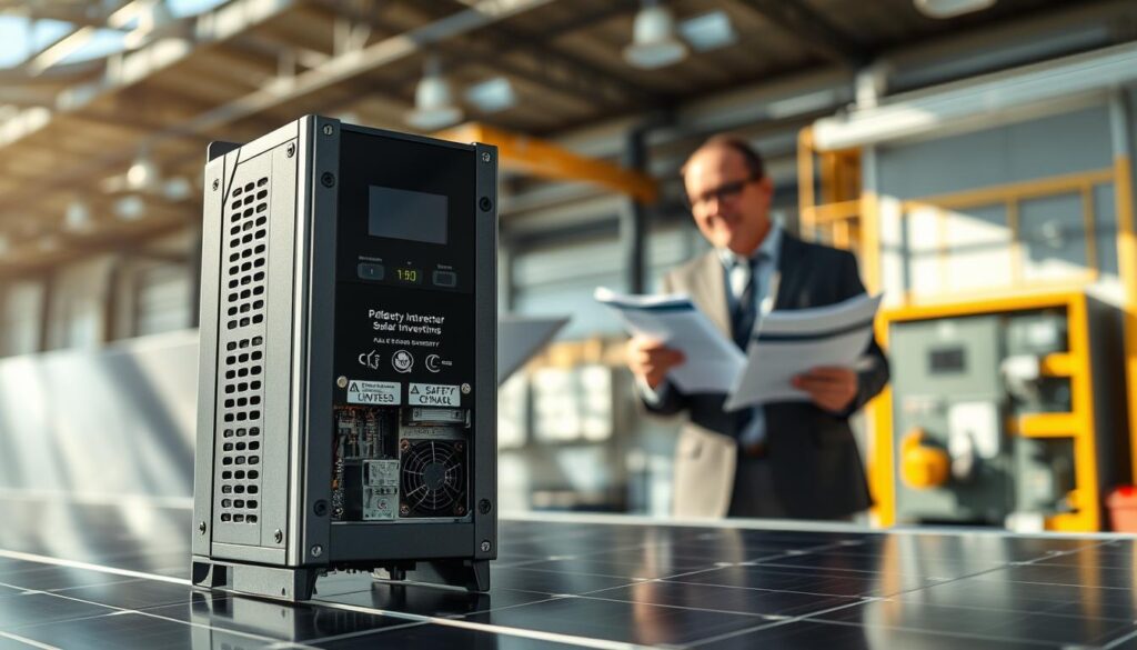 A close-up view of a high-tech micro-inverter displayed prominently in the foreground, showcasing its sleek design and intricate components. In the middle ground, include a professional setting with engineers in business attire examining safety certifications and warranty documents related to solar energy investments. The background features an industrial environment, such as a solar panel installation or a clean energy facility, bathed in natural light to create a bright and optimistic atmosphere. Use a shallow depth of field to emphasize the micro-inverter and the documents while softly blurring the background. The overall mood is one of reliability, professionalism, and technological advancement in renewable energy solutions. A close-up view of a high-tech micro-inverter displayed prominently in the foreground, showcasing its sleek design and intricate components. In the middle ground, include a professional setting with engineers in business attire examining safety certifications and warranty documents related to solar energy investments. The background features an industrial environment, such as a solar panel installation or a clean energy facility, bathed in natural light to create a bright and optimistic atmosphere. Use a shallow depth of field to emphasize the micro-inverter and the documents while softly blurring the background. The overall mood is one of reliability, professionalism, and technological advancement in renewable energy solutions.