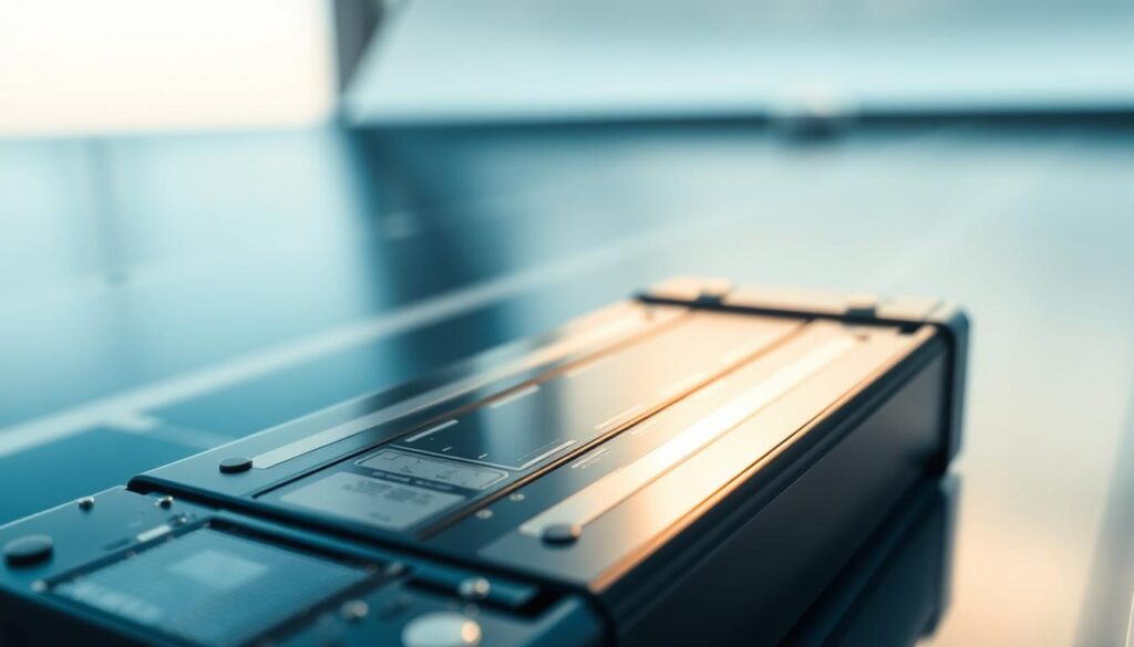 A close-up view of a modern lithium-ion battery in a sleek, high-tech setting. In the foreground, the battery is prominently displayed, showcasing its advanced circuitry and sleek casing with intricate details visible, reflecting metallic textures. In the middle ground, a gentle gradient background transitions from a soft blue to white, symbolizing clean energy. Subtle light sources create dynamic reflections on the battery's surface, enhancing its technological appeal. The scene is illuminated with soft, natural lighting, evoking a sense of reliability and efficiency. The overall atmosphere is one of innovation and sophistication, highlighting the performance capabilities of lithium-ion batteries in solar energy applications, with an emphasis on clarity and professionalism.