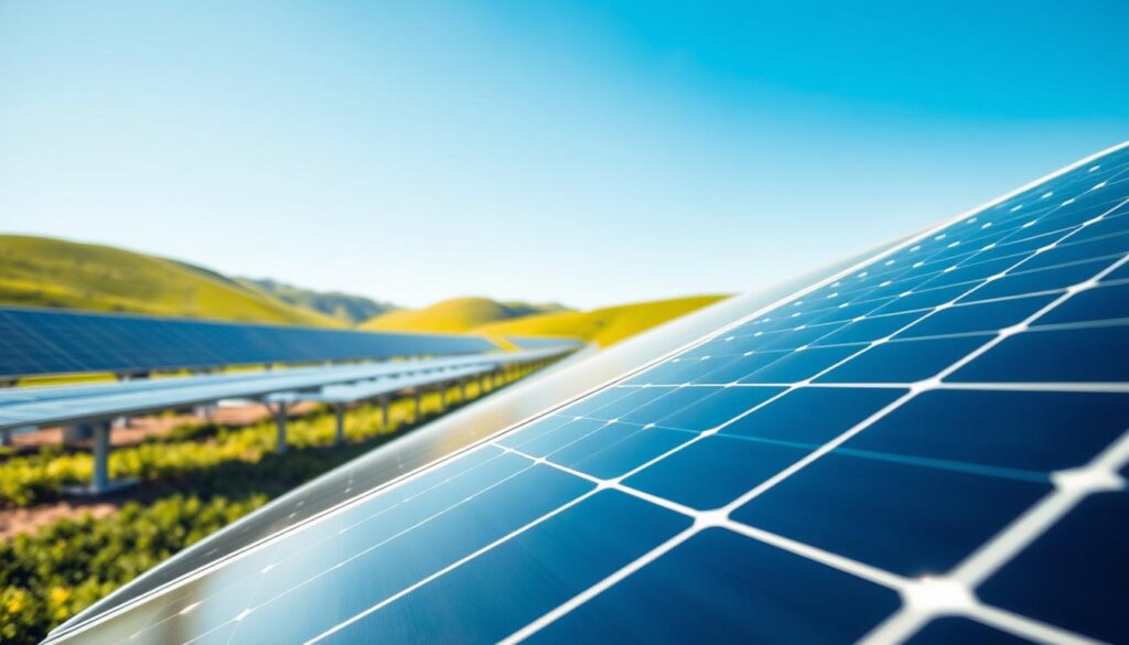 A close-up view of advanced N-Type TOPCon and bifacial solar panels in a modern solar farm setting. In the foreground, highlight the sleek, reflective surface of the bifacial panels, showcasing their dual-sided light absorption capabilities. The middle ground features rows of these panels installed at an angle, optimizing sunlight exposure, with a bright, clear blue sky above. In the background, green hills gently roll, representing a sustainable energy landscape. The lighting is bright and natural, suggesting midday sun, casting soft shadows on the panels. Capture a sense of innovation and clean energy technology, emphasizing the sleek designs and advanced features of these solar panels, against a vibrant, eco-friendly environment. Clean, crisp imagery conveying a progressive atmosphere.