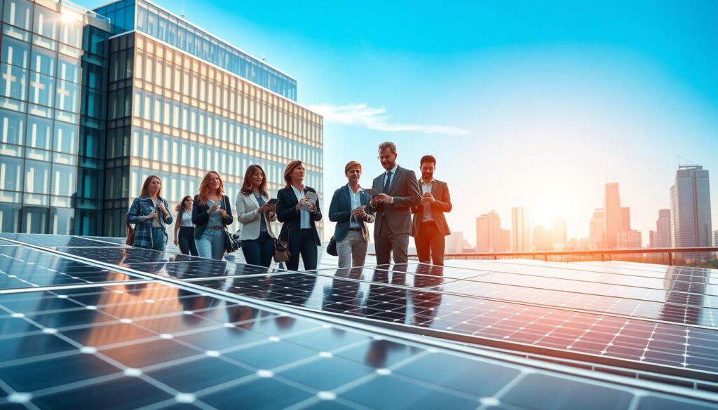 A cutting-edge solar technology scene showcasing advanced photovoltaic panels in a modern urban environment. In the foreground, sleek, innovative solar panels with a reflective surface capture sunlight, while a diverse group of professionals in smart casual attire admires the technology, some taking notes on tablets. The middle ground features a contemporary building covered with solar glass, integrated seamlessly into the architecture. In the background, a vibrant city skyline under a clear blue sky reflects progress and sustainability. Soft, natural lighting emphasizes the gleaming surfaces of the solar technology, creating a hopeful and inspiring atmosphere. Capture the scene from a slightly elevated angle to convey breadth and innovation while ensuring a clean, clutter-free composition.