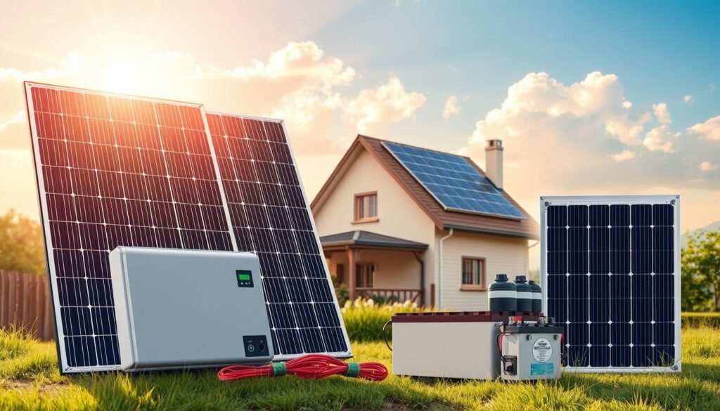 A detailed and informative illustration focusing on a 300W solar panel kit. In the foreground, prominently display the solar panel kit, showcasing the panels and essential components like an inverter and batteries, highlighting their intricate details. In the middle ground, depict a home setting, perhaps a modest house with solar panels installed on the roof, emphasizing energy independence. The background should feature a bright, sunny sky with soft clouds, symbolizing renewable energy and sustainability. Use a warm, natural light to create an inviting atmosphere, and include a slight lens flare effect for a dynamic touch. The overall mood should convey a sense of hope and innovation in renewable energy solutions.
