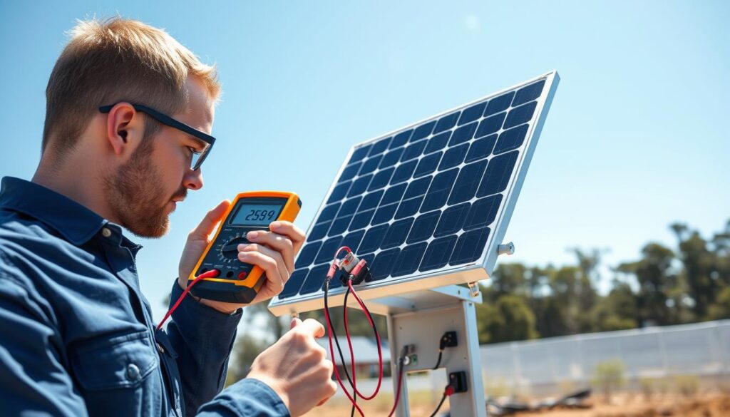 A detailed and technical scene showcasing the measurement of voltage and current from a solar panel. In the foreground, a professional technician in a blue shirt and safety glasses is using a multimeter to take readings, focusing on the panel’s output. The middle ground features a sleek solar panel mounted on a sturdy frame, gleaming under bright sunlight, with wires and connectors clearly visible. In the background, a clear blue sky enhances the image's brightness and positivity, while distant trees provide a natural setting. The lighting is bright, emphasizing the reflective surfaces of the equipment, and captured from a slightly elevated angle to convey a comprehensive view of the setup. The mood is professional and educational, illustrating a crucial step in ensuring solar panel functionality.
