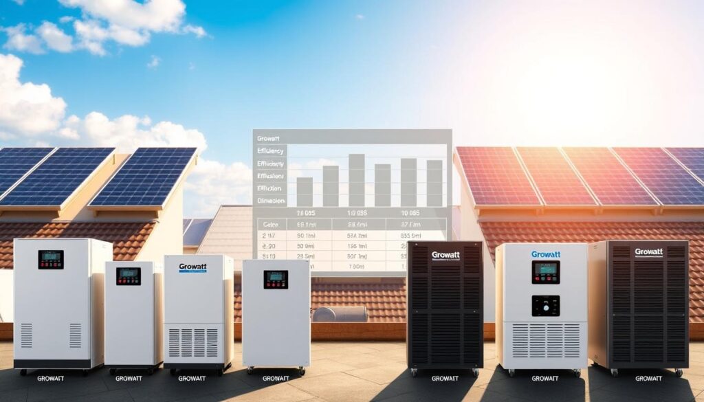 A detailed and visually engaging comparison of solar inverter series, specifically Growatt models. In the foreground, display several different Growatt inverters, each labeled with their model numbers and technical features, showcasing their sleek designs. The middle ground features a bar graph or diagram illustrating key specifications such as efficiency, power output, and dimensions in an organized manner. The background should depict a bright, sunny sky, symbolizing solar energy, with solar panels installed on rooftops to signify practical application. Use soft, natural lighting to create a warm atmosphere, and employ a slightly tilted angle to provide depth to the scene. The overall mood should inspire innovation and sustainability in solar technology.