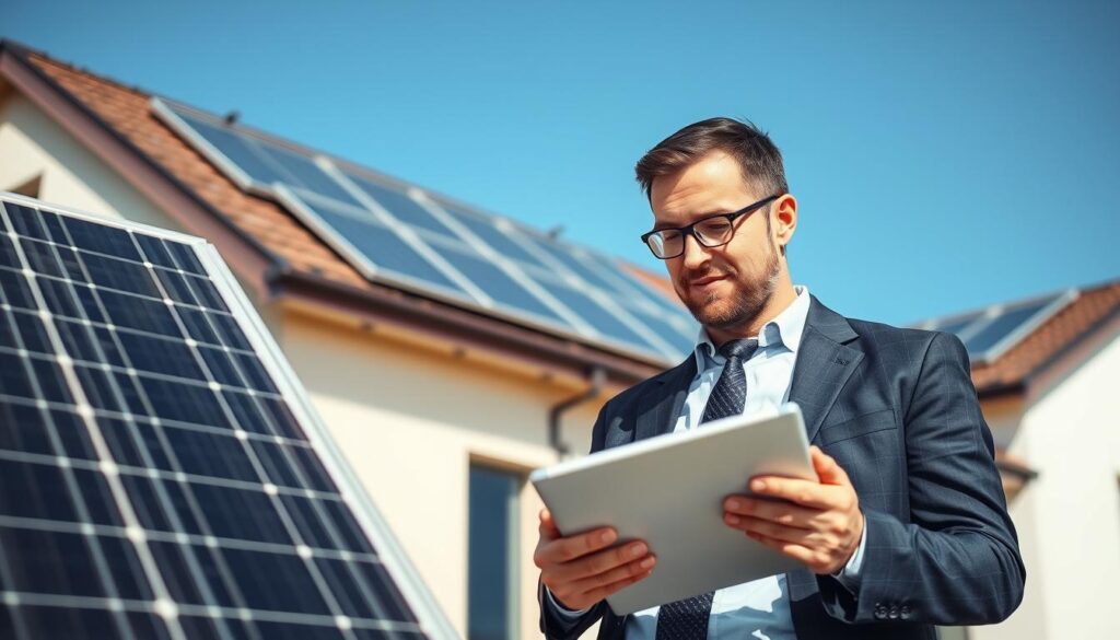 A detailed comparison of solar panel technologies, set against the backdrop of a modern home with a 100m2 roof. In the foreground, display two types of solar panels side by side: one traditional silicon-based and one cutting-edge thin-film. The middle layer includes a professional consultant in business attire, examining data with a tablet, showcasing a thoughtful expression. Bright, natural daylight illuminates the scene, highlighting the solar panels' textures and colors. In the background, a clear blue sky adds to the optimism and sustainability theme. Capture the atmosphere of innovation and energy efficiency with a focus on critical details, framing the panels and the consultant at an angle that enhances their importance. A detailed comparison of solar panel technologies, set against the backdrop of a modern home with a 100m2 roof. In the foreground, display two types of solar panels side by side: one traditional silicon-based and one cutting-edge thin-film. The middle layer includes a professional consultant in business attire, examining data with a tablet, showcasing a thoughtful expression. Bright, natural daylight illuminates the scene, highlighting the solar panels' textures and colors. In the background, a clear blue sky adds to the optimism and sustainability theme. Capture the atmosphere of innovation and energy efficiency with a focus on critical details, framing the panels and the consultant at an angle that enhances their importance.