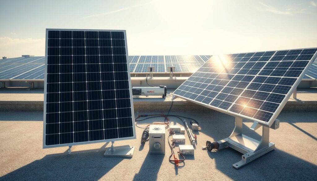 A detailed comparison of various photovoltaic panels and mounting systems suitable for flat roofs. In the foreground, showcase two different solar panels side by side—one with a sleek, modern design and the other with a more traditional look. In the middle ground, include various mounts and fixation systems, clearly illustrating their mechanisms. The background features a flat roof setting under bright, natural daylight, enhancing the panels' reflective surfaces. Utilize a high-angle perspective to capture the entire scene, highlighting the harmony of technology and architecture. The atmosphere should be professional and informative, inviting readers to explore the nuances of solar panel installation.