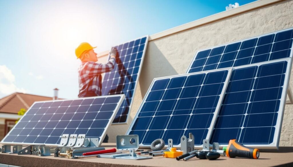 A detailed guide on installing solar panels on a vertical wall, showcasing various wall mounting hardware. In the foreground, display a set of solar panels with sleek designs, juxtaposed with different mounting brackets and tools, arranged neatly. In the middle ground, depict a professional installer, wearing a safety helmet and gloves, carefully aligning the solar panel against the wall. The background features a sunny sky, emphasizing a bright and hopeful atmosphere, with a modern residential building's wall, showcasing an ideal installation scenario. Use natural lighting to create soft shadows and enhance the clarity of the components. Capture the scene from a slightly elevated angle to highlight both the tools and the panel alignment, creating a feeling of professionalism and expertise in solar installation.