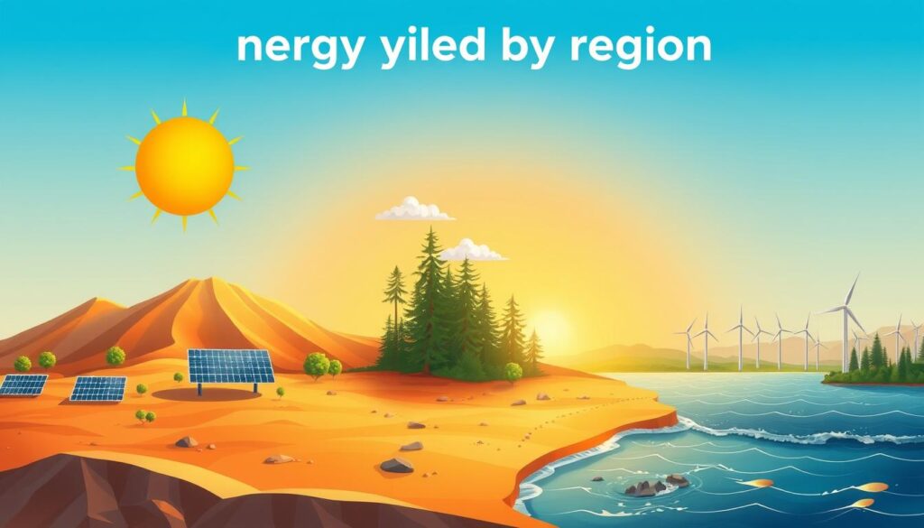 A detailed illustration depicting "energy yield by region," showcasing various geographical areas affected by solar radiation. In the foreground, feature three diverse regions: a sun-drenched desert with solar panels reflecting sunlight, a temperate forest region with partially cloudy skies, and a coastal area with moderate sunshine and wind turbines. In the middle ground, represent a gradient showing energy production levels with color-coded indicators. The background should have a soft blue sky transitioning to sunset hues, symbolizing the variance in sunlight exposure. Capture the scene with warm, natural lighting, and a wide-angle lens to create depth. The mood should evoke a sense of optimism and the potential of renewable energy.