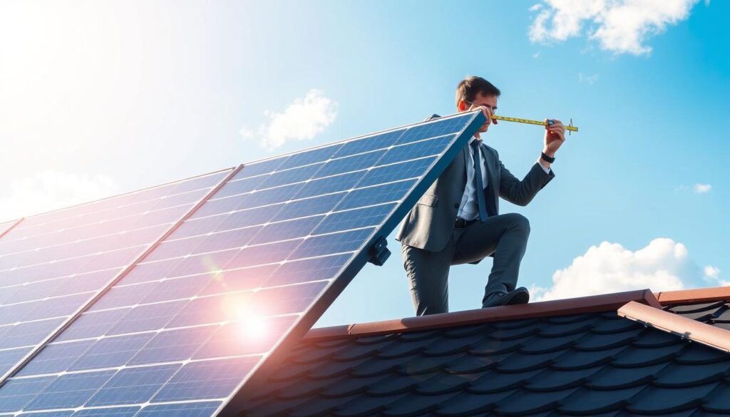 A detailed illustration of a solar panel installation for a 5000W system, capturing the essential components and layout. In the foreground, a sleek solar panel array is mounted on a roof, angled to optimize sunlight exposure, with gleaming reflections. In the middle ground, a technician in professional business attire carefully measures and adjusts the installation, using tools and a digital measuring device. The background showcases a bright blue sky with a few fluffy clouds, symbolizing a renewable energy future. The scene is well-lit to emphasize the solar panels, with a soft, warm sunlight casting gentle shadows, conveying a sense of innovation and sustainability. The overall mood is professional and inspiring, highlighting the importance of proper dimensioning and installation techniques for solar energy systems.