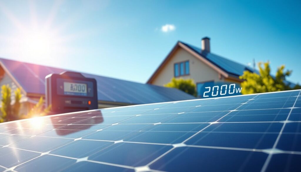 A detailed illustration of a solar panel system producing energy, set in a sunny outdoor environment. In the foreground, a close-up of a modern 3000w solar panel with glossy, reflective surfaces capturing sunlight. In the middle ground, an energy meter displaying usage statistics with glowing indicators of power production and consumption. In the background, a house with solar panels on the roof, surrounded by lush greenery, symbolizing sustainability. Soft, diffused sunlight casts gentle shadows, creating a warm, inviting atmosphere. The overall mood is optimistic and focused on renewable energy solutions, with a clear blue sky enhancing the scene's vibrancy. A detailed illustration of a solar panel system producing energy, set in a sunny outdoor environment. In the foreground, a close-up of a modern 3000w solar panel with glossy, reflective surfaces capturing sunlight. In the middle ground, an energy meter displaying usage statistics with glowing indicators of power production and consumption. In the background, a house with solar panels on the roof, surrounded by lush greenery, symbolizing sustainability. Soft, diffused sunlight casts gentle shadows, creating a warm, inviting atmosphere. The overall mood is optimistic and focused on renewable energy solutions, with a clear blue sky enhancing the scene's vibrancy.
