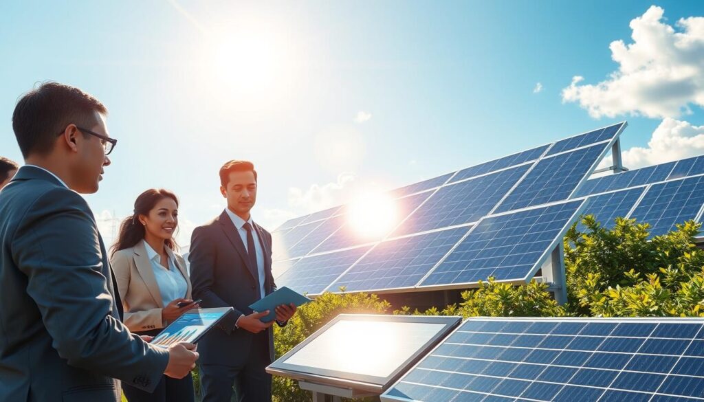 A detailed illustration of an economic analysis of solar self-consumption, focusing on a modern photovoltaic station. In the foreground, features a diverse group of professionals in business attire discussing solar panels and financial data, with charts displayed on a digital tablet. The middle ground showcases a sleek solar installation with gleaming panels angled towards the sun, surrounded by greenery. In the background, a bright blue sky with a few fluffy clouds symbolizes a clean energy future. The lighting is natural, emphasizing midday brightness, creating a hopeful and progressive atmosphere. The image should convey economic benefits and sustainability, inviting viewers to reflect on the advantages of solar self-consumption. A detailed illustration of an economic analysis of solar self-consumption, focusing on a modern photovoltaic station. In the foreground, features a diverse group of professionals in business attire discussing solar panels and financial data, with charts displayed on a digital tablet. The middle ground showcases a sleek solar installation with gleaming panels angled towards the sun, surrounded by greenery. In the background, a bright blue sky with a few fluffy clouds symbolizes a clean energy future. The lighting is natural, emphasizing midday brightness, creating a hopeful and progressive atmosphere. The image should convey economic benefits and sustainability, inviting viewers to reflect on the advantages of solar self-consumption.