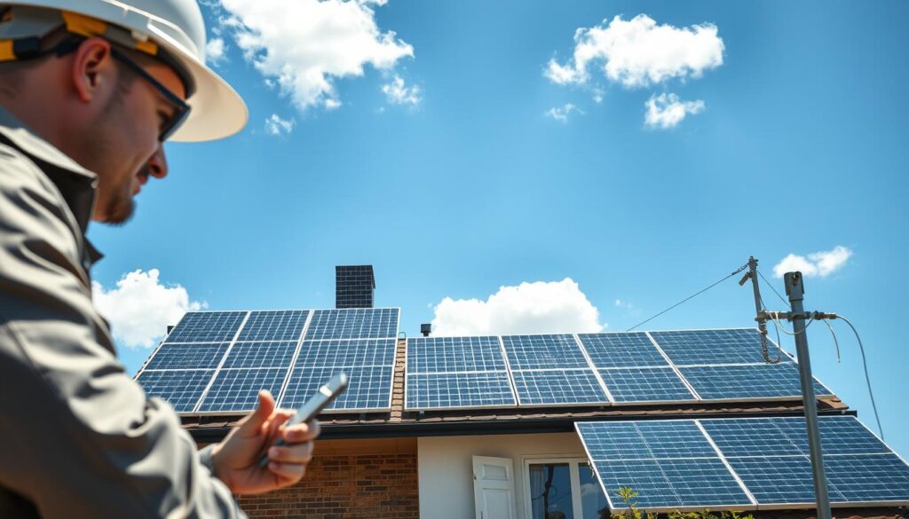 A detailed illustration of various photovoltaic solar panel configurations on a residential building, showcasing their grounding systems. In the foreground, a close-up of a technician in professional attire attentively examining solar panel installations and grounding equipment. The middle ground features a rooftop array of solar panels with clear connections to grounding rods embedded securely in the structure. The background showcases a bright blue sky dotted with a few fluffy clouds, enhancing the serene and efficient atmosphere of renewable energy. The lighting is bright and natural, with sunlight reflecting off the solar panels, emphasizing their modern design. Capture this scene from a slightly elevated angle to provide a comprehensive view of the installation, highlighting the importance of grounding in solar energy systems.