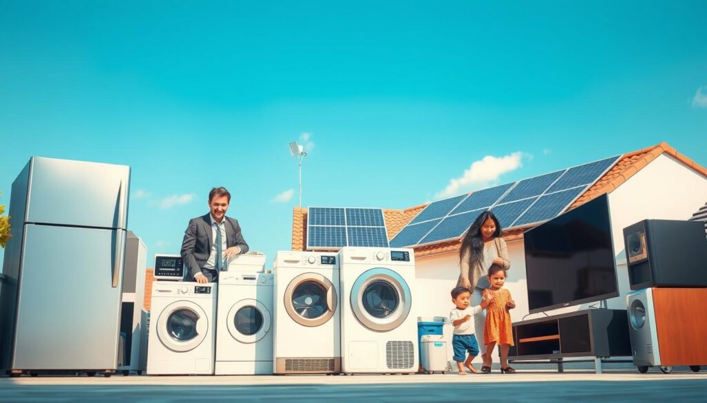 A detailed scene depicting various devices powered by a 3000-watt solar panel. In the foreground, illustrate an array of household appliances including a refrigerator, a washing machine, and a television, all connected to a sleek solar power inverter. In the middle ground, show a diverse group of people – a man in business attire, a woman in modest casual clothing, and a child – happily engaging with the powered devices. The background features a bright, sunny outdoor setting with clear blue skies, showcasing several solar panels mounted on a roof. Use soft, natural lighting to enhance the vibrant colors and create a warm, optimistic mood. The camera angle should be slightly low, focusing on the appliances while capturing the joyous interaction of the people with their powered devices. A detailed scene depicting various devices powered by a 3000-watt solar panel. In the foreground, illustrate an array of household appliances including a refrigerator, a washing machine, and a television, all connected to a sleek solar power inverter. In the middle ground, show a diverse group of people – a man in business attire, a woman in modest casual clothing, and a child – happily engaging with the powered devices. The background features a bright, sunny outdoor setting with clear blue skies, showcasing several solar panels mounted on a roof. Use soft, natural lighting to enhance the vibrant colors and create a warm, optimistic mood. The camera angle should be slightly low, focusing on the appliances while capturing the joyous interaction of the people with their powered devices.