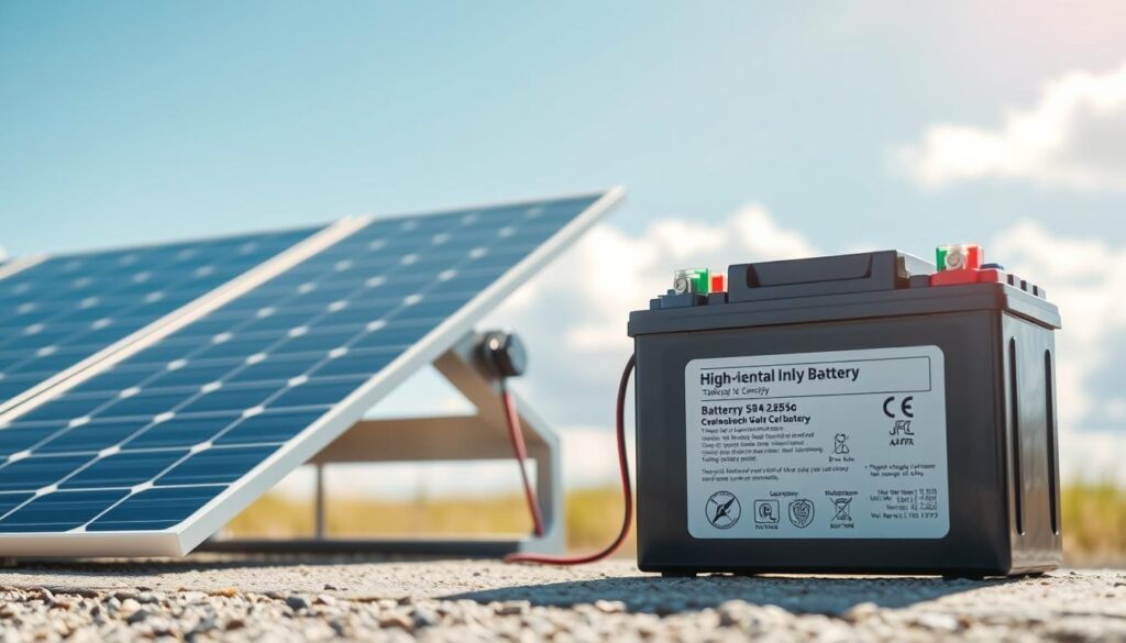 A detailed scene illustrating battery compatibility with solar panels. In the foreground, a sleek, modern solar panel with a shimmering blue surface reflects sunlight, positioned at a slight angle. Beside it, a high-capacity battery with clear specifications visible on its label, featuring color-coded terminals for easy connection. In the middle, there’s a connecting cable linking the panel to the battery, showcasing the integration. The background includes a bright, clear sky with a few fluffy clouds, emphasizing a sunny day ideal for solar energy. Use natural lighting to create vibrant shadows and highlights, and capture the image from a slightly elevated angle for depth. The atmosphere should be one of innovation and sustainability, inviting viewers to explore renewable energy solutions.