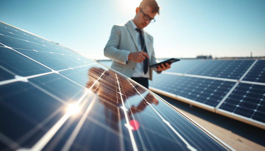A detailed scene showcasing the performance and efficiency of solar panels. In the foreground, a set of high-efficiency SunPower Performance 7 428W solar panels gleam under bright sunlight, showcasing intricate cells with crisp details. In the middle ground, a solar energy technician, wearing professional business attire, is inspecting the panels, using a handheld device to measure their output, emphasizing a sense of diligent work. The background features a spacious, modern rooftop with a panoramic view of a clear blue sky, symbolizing renewable energy and sustainability. The light is bright and direct, casting dynamic shadows that enhance the textures of the panels. The atmosphere conveys optimism and innovation in solar technology.