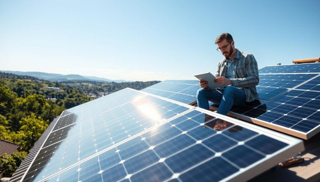 A detailed solar panel installation scene on a bright, sunny day. In the foreground, several solar panels are meticulously positioned on a sloped roof, showcasing their reflective glass surface. A professional engineer in smart casual attire examines calculations on a tablet, surrounded by installation tools. In the middle ground, a clear blue sky outlines the solar panels against a lush green landscape. The background features distant hills and modern buildings, emphasizing the integration of renewable energy in an urban setting. Soft sunlight casts subtle shadows, creating a warm and energetic atmosphere that highlights the importance of solar energy. The image captures the essence of determining the optimal size for solar panel installations, radiating professionalism and innovation. A detailed solar panel installation scene on a bright, sunny day. In the foreground, several solar panels are meticulously positioned on a sloped roof, showcasing their reflective glass surface. A professional engineer in smart casual attire examines calculations on a tablet, surrounded by installation tools. In the middle ground, a clear blue sky outlines the solar panels against a lush green landscape. The background features distant hills and modern buildings, emphasizing the integration of renewable energy in an urban setting. Soft sunlight casts subtle shadows, creating a warm and energetic atmosphere that highlights the importance of solar energy. The image captures the essence of determining the optimal size for solar panel installations, radiating professionalism and innovation.