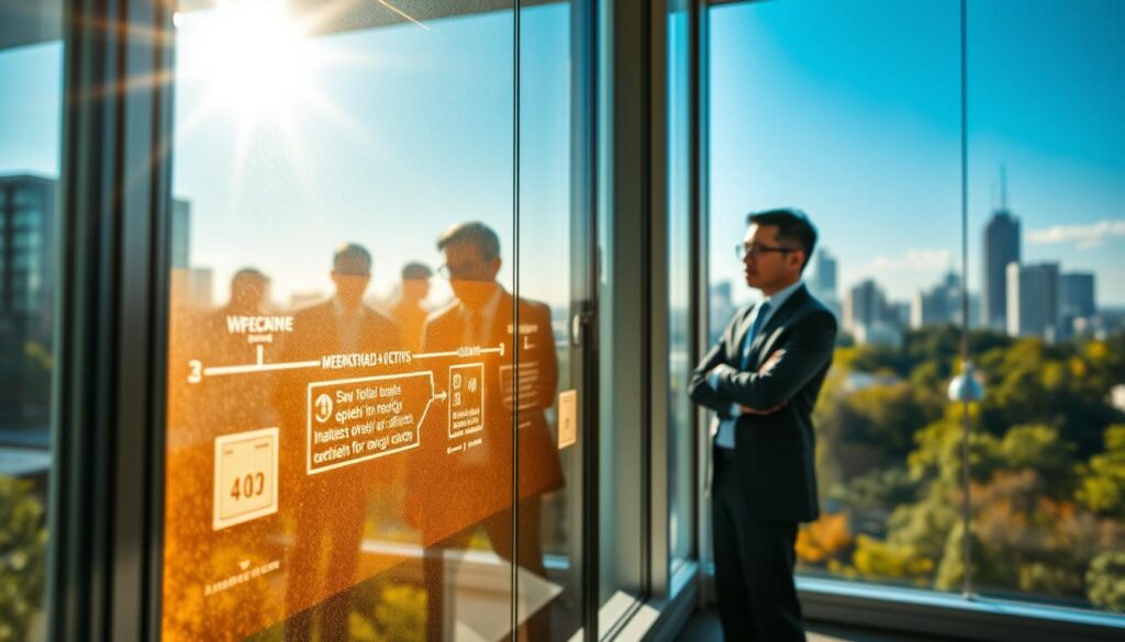 A futuristic office environment featuring solar windows that harness sunlight, showcasing both their innovative design and the challenges they face. In the foreground, display a close-up of a solar window with a sleek frame and integrated solar cells, under warm, natural lighting, emphasizing its transparency and energy efficiency. The middle ground should reveal an engineer in professional attire, examining the window and discussing its limitations, conveying both curiosity and concern. The background should depict a city skyline bathed in sunlight, with trees and greenery, illustrating the potential for urban solar integration. Capture a hopeful yet contemplative atmosphere, highlighting the interplay of technology and nature, with dynamic lighting casting soft shadows to create depth. A futuristic office environment featuring solar windows that harness sunlight, showcasing both their innovative design and the challenges they face. In the foreground, display a close-up of a solar window with a sleek frame and integrated solar cells, under warm, natural lighting, emphasizing its transparency and energy efficiency. The middle ground should reveal an engineer in professional attire, examining the window and discussing its limitations, conveying both curiosity and concern. The background should depict a city skyline bathed in sunlight, with trees and greenery, illustrating the potential for urban solar integration. Capture a hopeful yet contemplative atmosphere, highlighting the interplay of technology and nature, with dynamic lighting casting soft shadows to create depth.