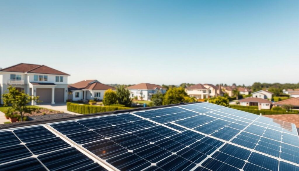 A high-resolution image of a solar panel efficiency analysis, showcasing a SunPower Performance 7 428W solar panel installed on a modern rooftop. In the foreground, emphasize the sleek design of the solar panel with clear reflections of sunlight, indicating high energy absorption. The middle layer features a serene suburban neighborhood with homes in the background, greenery, and a bright blue sky. Warm, natural lighting enhances the scene, suggesting a sunny day ideal for solar energy. Capture the mood of sustainability and reliability, with a focus on the benefits of solar energy. Use a slightly elevated angle to provide a comprehensive view, highlighting both the technology and its practical application in everyday life.