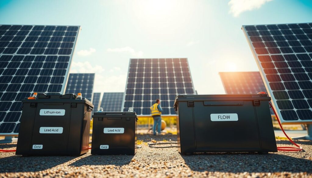 A highly detailed and informative visual representation comparing solar battery technologies. In the foreground, showcase three distinct battery types: lithium-ion, lead-acid, and flow batteries, each prominently displayed with labels. The middle ground features solar panels connected to these batteries, emphasizing their integration in a renewable energy system. The background is a bright, clear sky with sunlight illuminating the scene, creating a sense of optimism and sustainability. The image should utilize natural lighting for a realistic effect and be captured from an eye-level perspective to enhance relatability. The atmosphere should be professional and educational, making it suitable for a technical discussion. Avoid any text or branding within the composition.