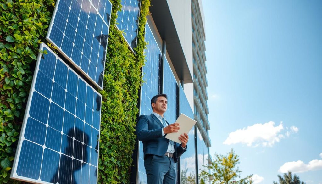 A modern, energy-efficient vertical wall installed with sleek solar panels, showcasing their innovative integration into an urban environment. In the foreground, a well-designed building features a tall, green wall partially draped in ivy, contrasting with the black solar panels that gleam under the afternoon sun. In the middle ground, a professional engineer, dressed in business attire, inspects the installation while holding a digital tablet, showcasing an aura of efficiency and innovation. The background reveals a clear blue sky with a few fluffy clouds, creating an uplifting atmosphere. The scene is captured in bright, natural light with a slight upward angle, emphasizing the solar panels' vertical orientation and their role in sustainable energy solutions.
