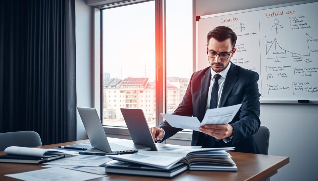 A modern office environment focused on the calculation and determination of cadastral rental value. In the foreground, a professional individual, dressed in a business suit, is analyzing data on a laptop while surrounded by financial documents and charts. The middle ground features a large window letting in natural light, showcasing a city skyline dotted with rooftops equipped with solar panels, symbolizing renewable energy. In the background, a whiteboard displays diagrams and calculations related to property tax and cadastral rental values. The overall atmosphere is one of professionalism and focus, with bright lighting highlighting the workspace, creating an engaging and informative setting.