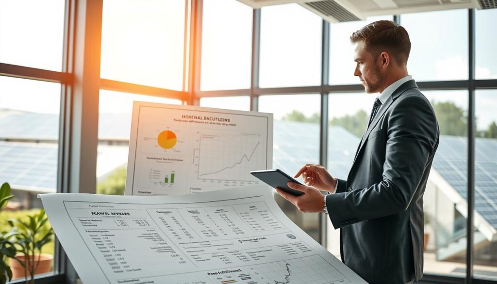 A modern office setting focusing on a detailed methodology for calculating the number of photovoltaic panels needed to achieve 5000 kW. In the foreground, a professional in business attire is examining a large blueprint or a digital tablet displaying solar panel specifications and calculations. In the middle, there are charts and graphs illustrating energy output, sunlight exposure, and panel efficiency. The background features large windows providing natural light, with a glimpse of solar panels installed on a roof outside. The atmosphere is one of innovation and professionalism, focusing on the importance of renewable energy solutions. The lighting is bright and well-distributed, suggesting a clear and productive day, with a focus on clarity and detail in the analysis presented.