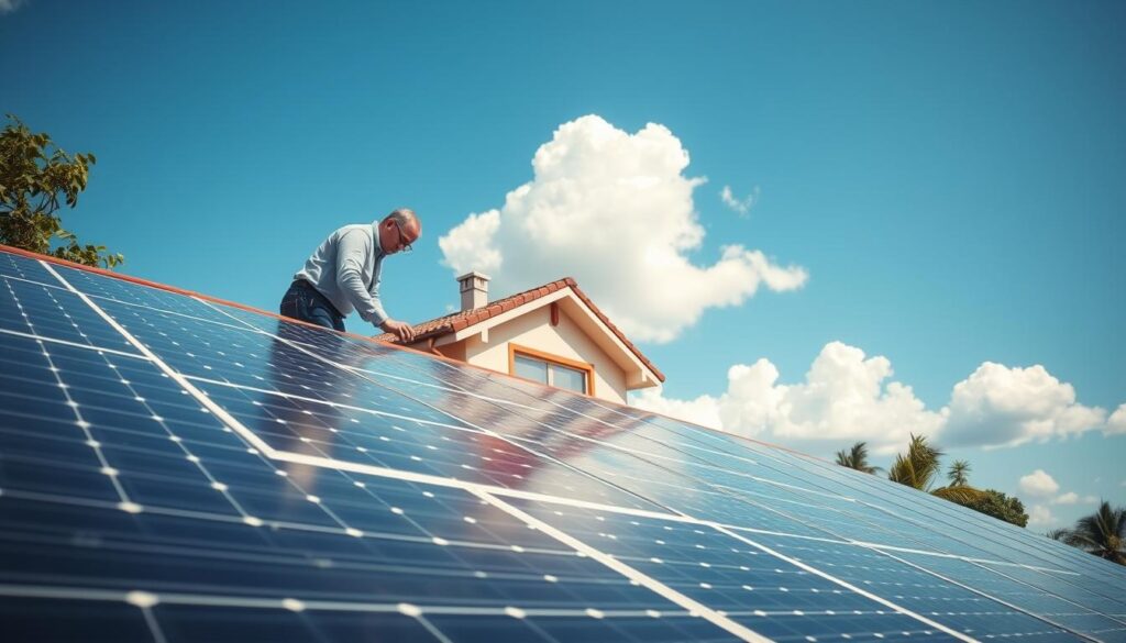 A modern residential rooftop covered with solar panels, showcasing a clean and efficient installation. The foreground features a technician in professional attire inspecting the panels for maintenance, highlighting the intricate details of the solar cells. In the middle ground, visualize the well-kept house with a 100m² roof area, complemented by lush greenery around. The background includes a bright blue sky with a few fluffy clouds, suggesting a sunny day ideal for solar energy. Soft natural lighting casts gentle shadows, creating a warm and optimistic atmosphere. The camera angle is slightly elevated, capturing the entire scene and emphasizing the cost-effective energy solution of solar panels for homeowners in 2026. A modern residential rooftop covered with solar panels, showcasing a clean and efficient installation. The foreground features a technician in professional attire inspecting the panels for maintenance, highlighting the intricate details of the solar cells. In the middle ground, visualize the well-kept house with a 100m² roof area, complemented by lush greenery around. The background includes a bright blue sky with a few fluffy clouds, suggesting a sunny day ideal for solar energy. Soft natural lighting casts gentle shadows, creating a warm and optimistic atmosphere. The camera angle is slightly elevated, capturing the entire scene and emphasizing the cost-effective energy solution of solar panels for homeowners in 2026.