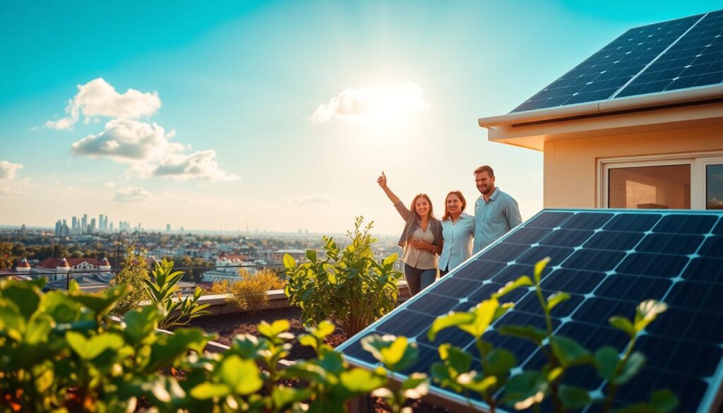 A modern residential rooftop equipped with a 300W solar panel, showcasing a vibrant, sunlit environment. In the foreground, a garden with leafy green plants and vegetables thrives under the sunlight, symbolizing sustainable living. In the middle ground, a family of four – dressed in casual, neat clothing – interacts joyfully, celebrating their energy independence. The background features a clear blue sky with a few fluffy clouds and a distant view of a city skyline, emphasizing an eco-friendly urban lifestyle. The overall atmosphere is warm and inviting, conveying a sense of harmony between nature and technology. Soft, natural lighting enhances the scene, while a slightly elevated angle provides a comprehensive view of the solar panel and its positive impact on daily life.