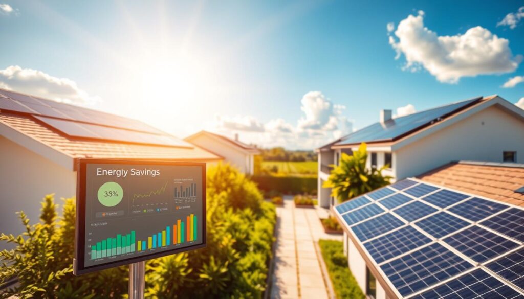 A modern residential rooftop with sleek solar panels glistening under bright sunlight, capturing the essence of renewable energy. In the foreground, display a digital screen showing energy savings simulations with graphical charts and figures to illustrate cost-efficiency. The middle ground features a lush green garden and a neat walkway, complementing the eco-friendly home environment. In the background, a clear blue sky enhances the sunny atmosphere, with fluffy white clouds. Use a wide-angle lens perspective to showcase the entire scene vividly, enveloped in warm lighting that evokes optimism and sustainability. Aim for a clean, professional look that conveys the importance of energy savings through solar energy technology, avoiding any clutter or distractions.